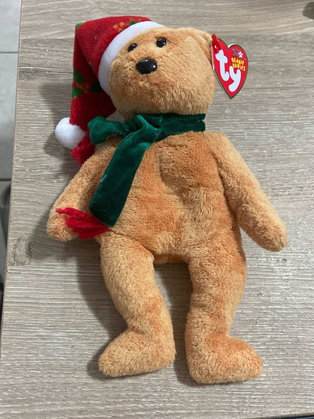 TY 2003 HOLIDAY CHRISTMAS HAT & SCARF TAN TEDDY BEAR 8" Stuffed Animal TOY NWT